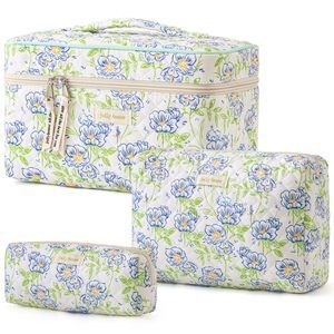 Quilted Makeup Bag, 3pcs Cotton Large Travel Makeup Bag, Cute Floral Coquette🐯